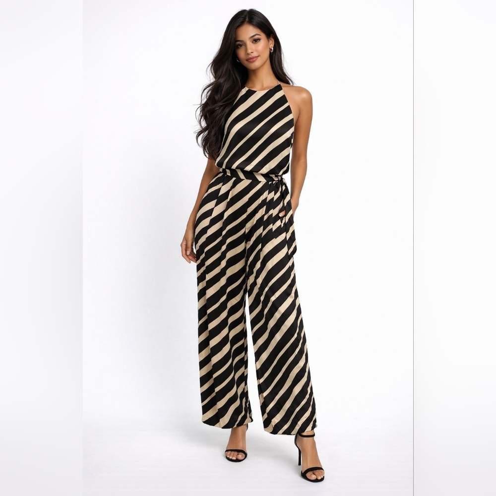 H&M Size S Black & Cream Diagonal Striped Halter Backless Wide Leg Jumpsuit